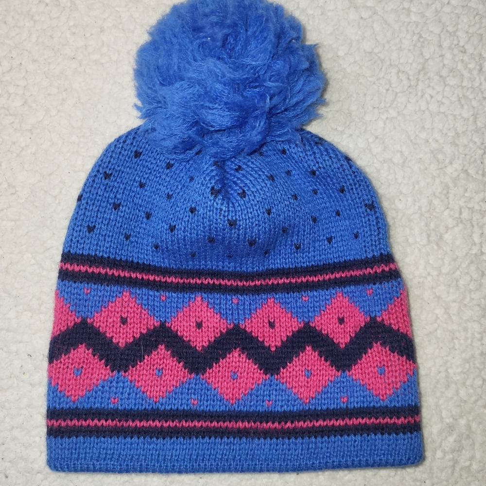 Lands End 100% Wool Hat Made In‎ The USA Pink Blue